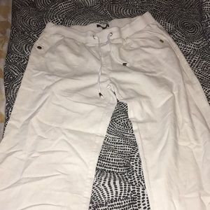 White pants; stretchy waist and adjustable string